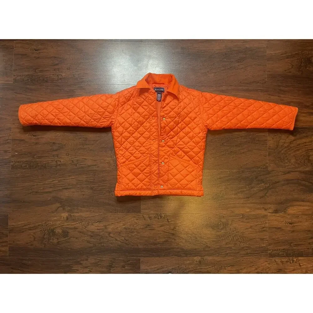 Kids Ralph Lauren Jacket Quiled Size S Winter Coat Corduroy Collar Orange Puffer